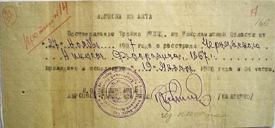 Виписка з акту про розстріл Миколи Чернявського у 1938 р.